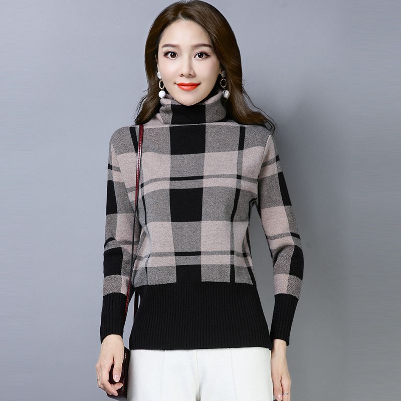 Kašmírový svetr Podzim Zima Rolák Svetr Ženy Kostkovaný Volný Hřejivý Zesílený Základní Top