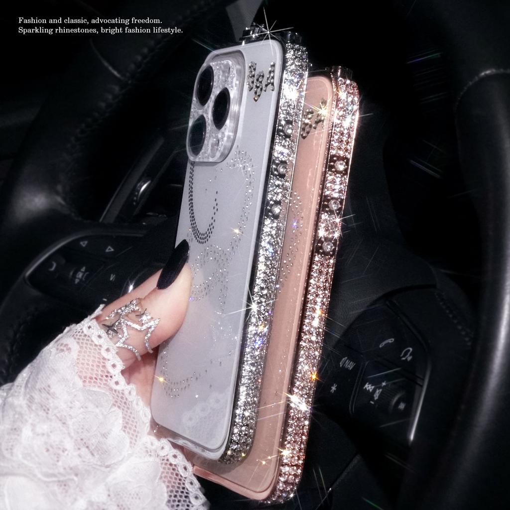 Colorful Diamond Border with Acrylic Material Lens Film Phone Case for iPhone 15 14 Plus 13 12 11 Pro Max XSMax 8 7 Plus Protective Cover