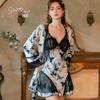 Women's Velvet Print Ruched Push Up Padded Deep V Cami Sleep Dress with Robe Set