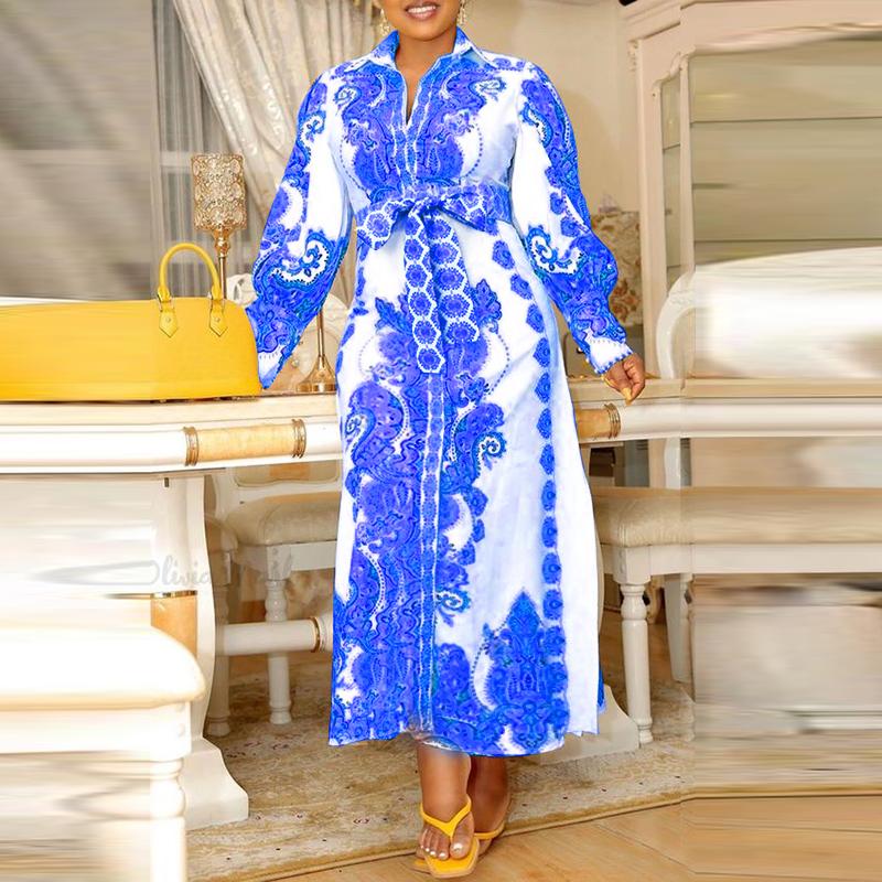 

Жіночі сукні з принтом і довгими рукавами з ліхтариками великих розмірів M синій