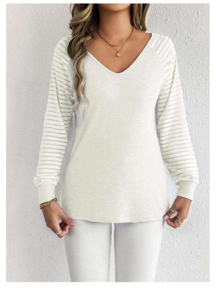 Women Casual Fashion Loose Fit Large Size Long Sleeve V Neck Striped Top Spring Autumn