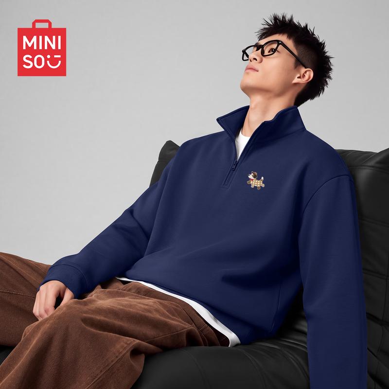 MINISO Men's Half-Zip Pullover Sweatshirt with Puppy Patch