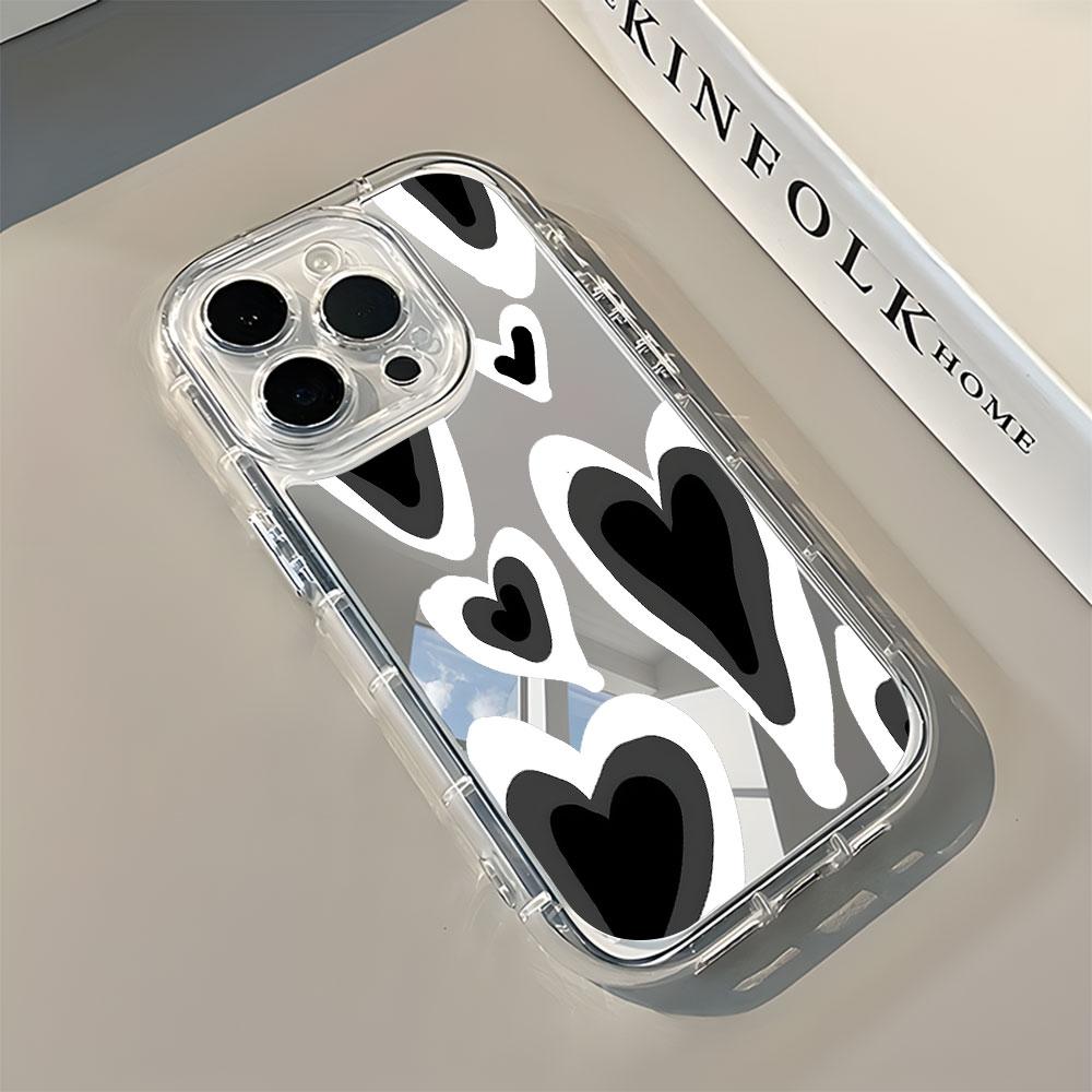 Black And White Heart Pattern Phone Case For iPhone 17 Air 16 15 14 13 12 11 Pro Max X XR XS 8 Plus Back Mirror Shockproof Cover