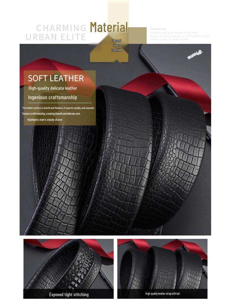 Men's Genuine Leather Belt with Lion Head Automatic Alloy Buckle