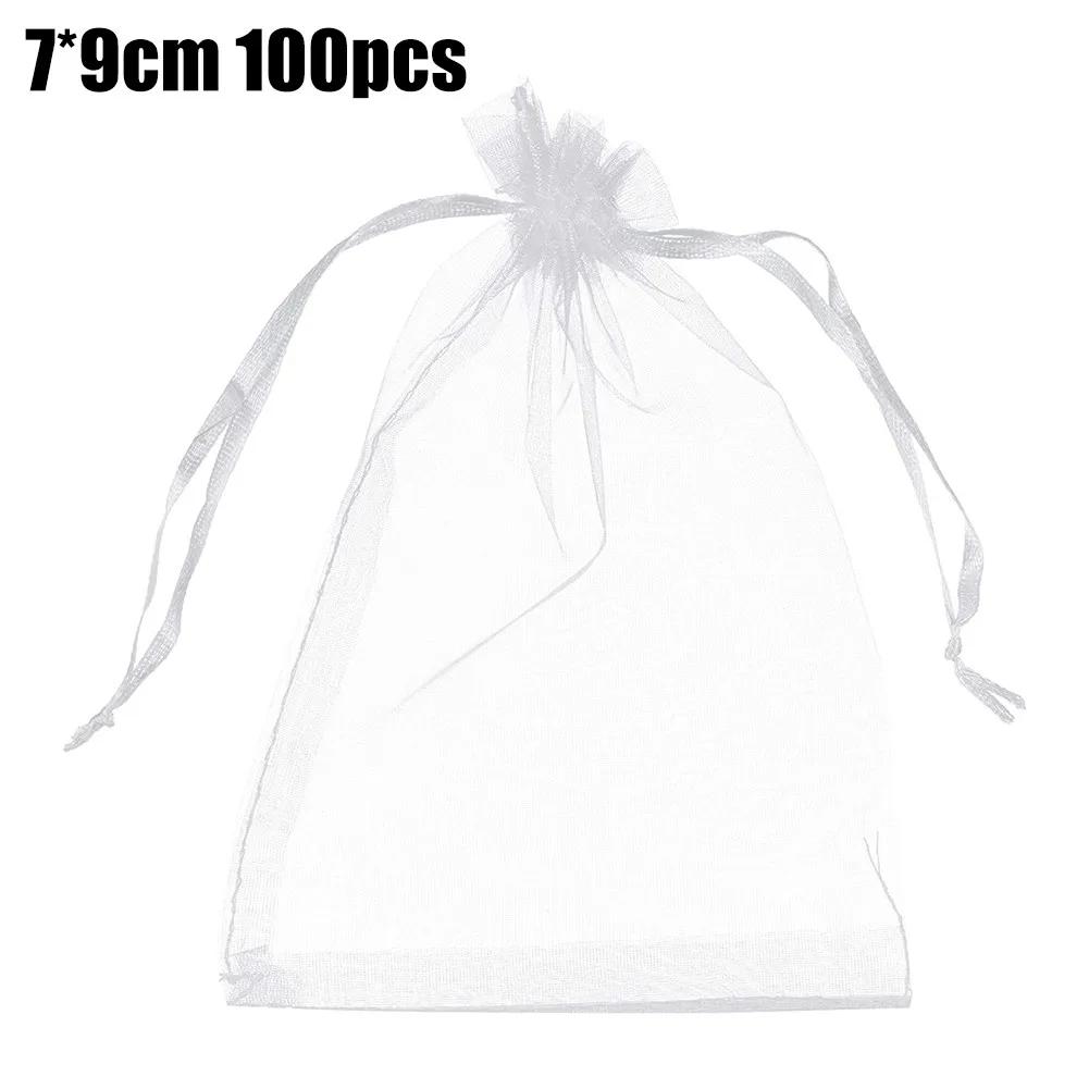 100Pcs White Organza Bags Jewelry Drawstring Pouches Wedding Party Christmas Candy Bags Jewelry Packing