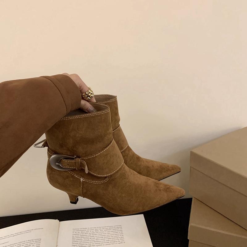 Winter New Brand Women Short Boots Fashion Buckle Slip On Pointed Toe Ankle Boots Thin Low Heel Dress Pumps