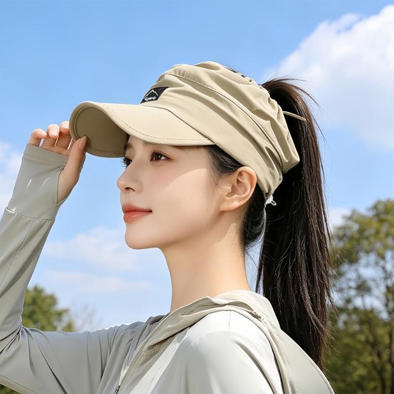 Women's Packable Open-Top Sun Hat Cap, Breathable Nylon Ponytail Style with Front Bill for Hiking and Holiday Travel