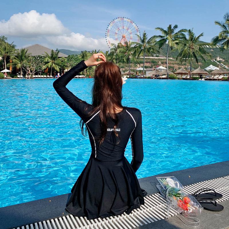 Korean Style Long Sleeve Skirted One-Piece Bikini Swimsuit with Sun Protection - Women's Conservative Slimming Swimwear