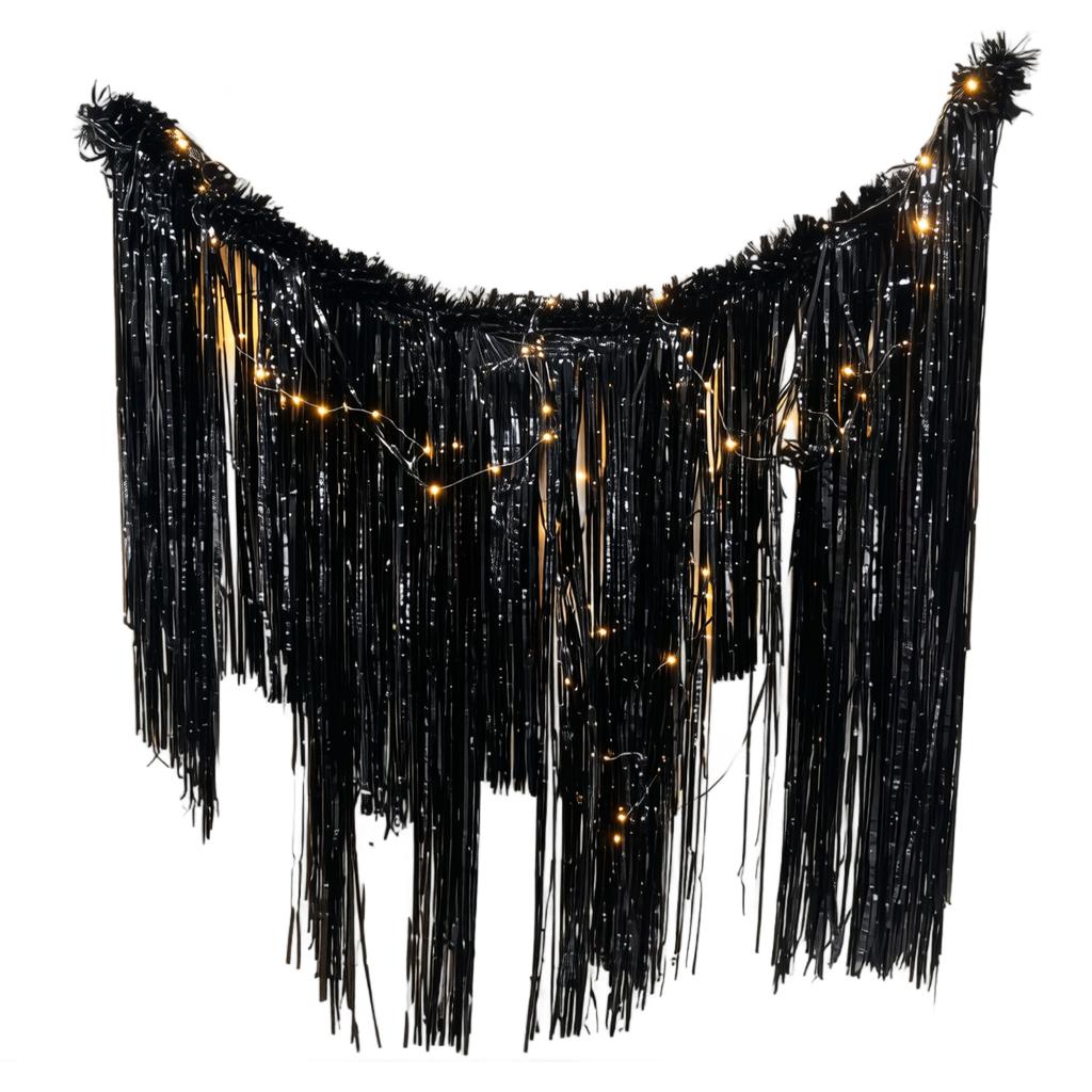 Black Plastic Rain Curtain with Lights, Halloween Party Door Curtain, Horror Themed Wall Decor with Streamers