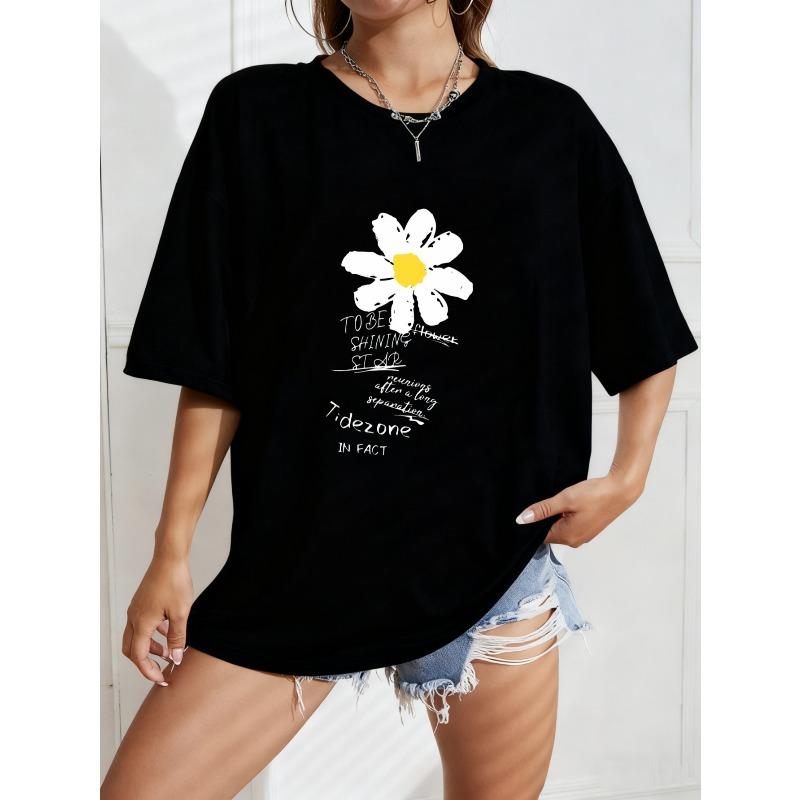White Oversized T Shirt With Daisy Flower And Text Print For Casual Wear