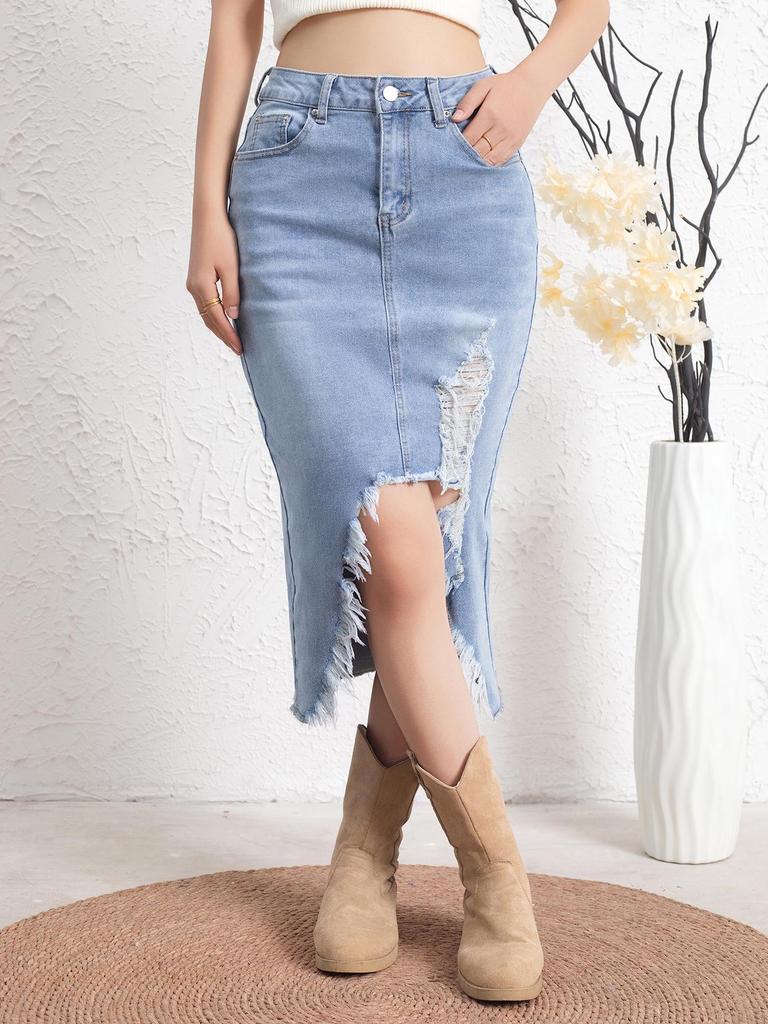 Women's Cross-Border Distressed Denim Skirt - American Retro Style