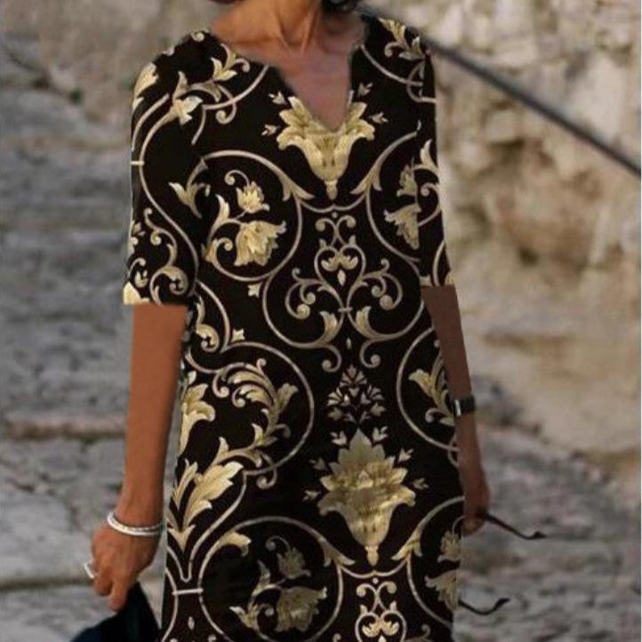 2025 Spring/Summer V-Neck Retro Print Dress for Middle-Aged Women