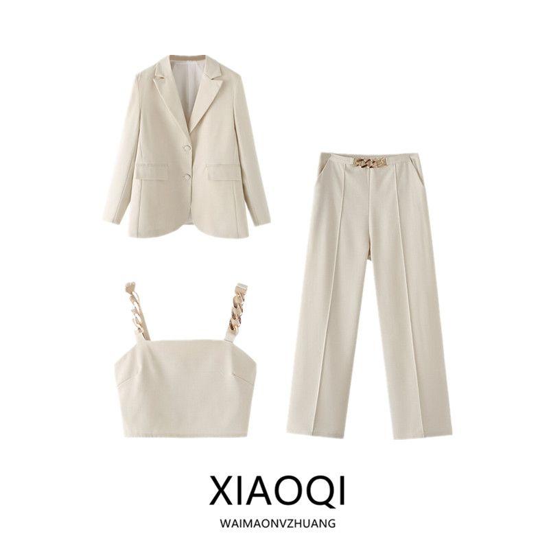 Western Style Women Clothes 2024 Summer New Fashion Trendy Metal Chain Suit Sling Casual Trousers Three-Piece Set