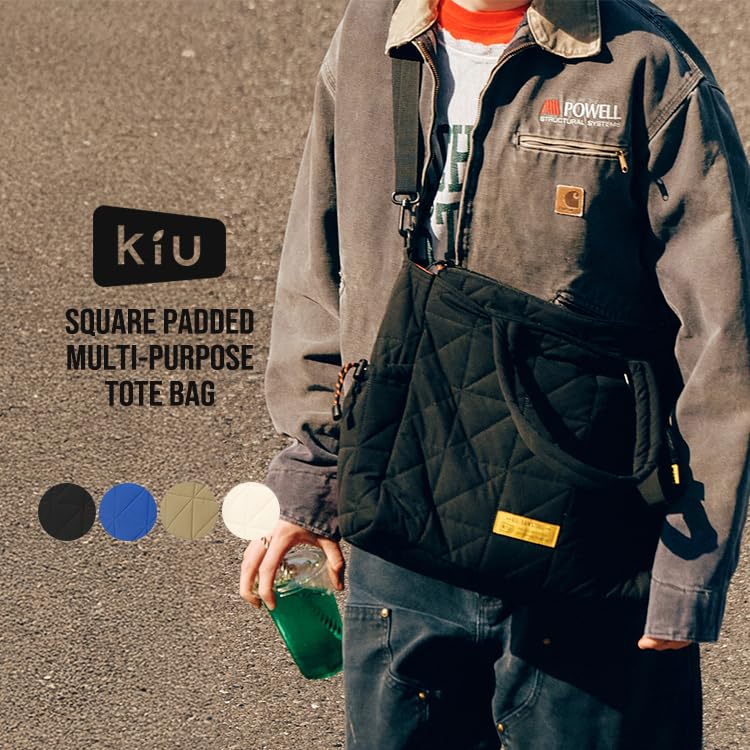 KiU Square Padded Tote Large Shoulder Multi-Purpose Bag, Waterproof, Water-Repellent, Quilted, Capacity, Pocket, Stylish, Cute, Casual, Outdoor,