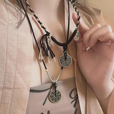 Vintage Zen Ghost Coin Halskette für Damen – Pulloverkette im chinesischen Stil mit kupferner Peace-Schnalle