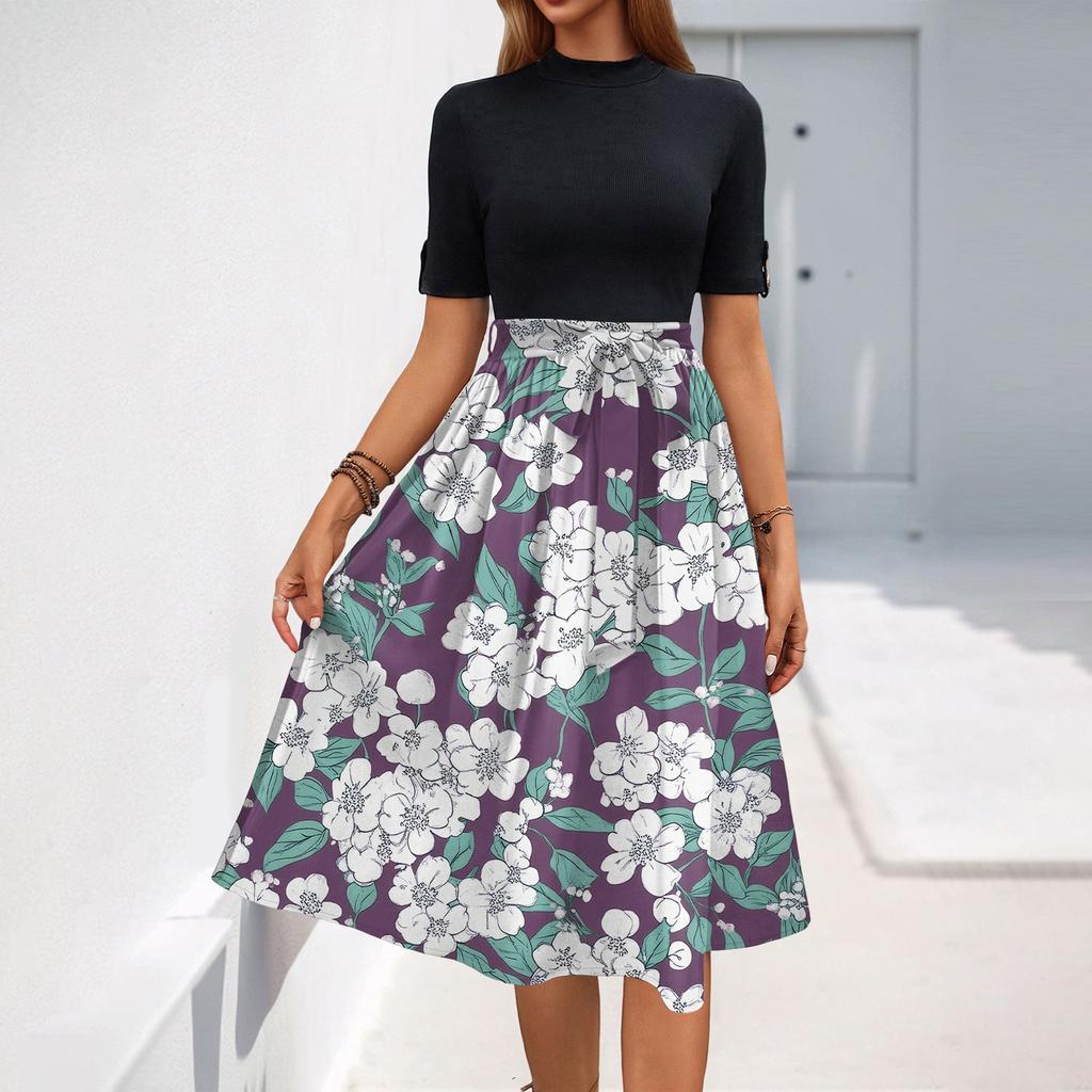 Women's Fashion Casual Belt Short Sleeve Round Neck Floral Elegant Temperament Dress