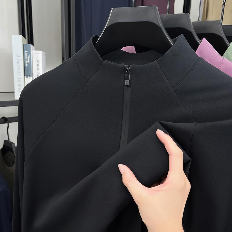 

Men s Stand Up Collar Half Zipper Long Sleeve T-Shirt Autumn Solid Color Windproof Outdoor Commute Menswear 4XL чорний