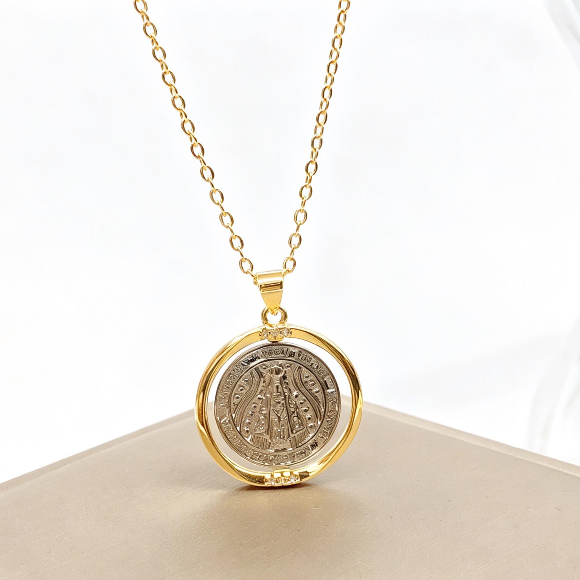 Rotatable Double-Sided Virgin Mary Saint Benedict Pendant Necklace Catholic Christian Religious Medal Zircon for Women Men