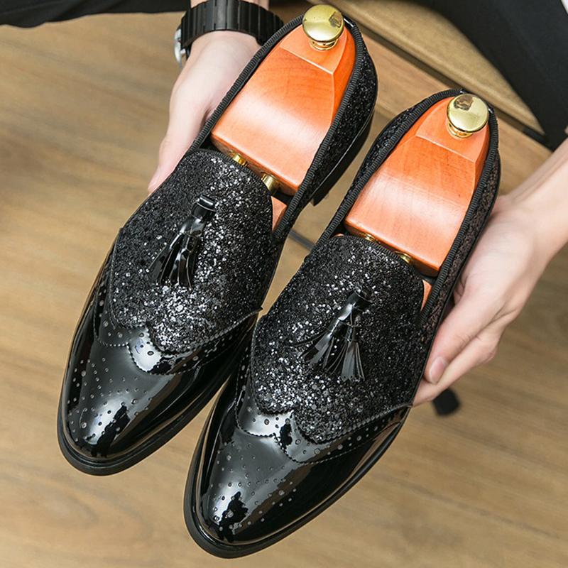 Fashion Luxury Brand Designer Men Sequin Tassels Patchwork Casual Brogues Shoes Formal Wedding Dress Homecoming Footwear Zapatos Hombre