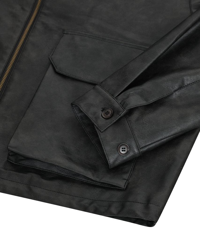 Standarderror 87-Stan176 Minimal Vintage Double Pocket Leather Jacket Black