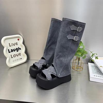 2025 Summer New Women's Cover Heel Sandals Outdoor Buckle Rivet Slip On Knee-High Boots Women Modern Platform Thong Sandals