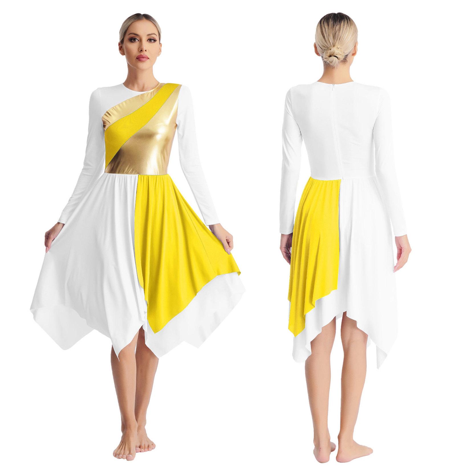 

Жіноча літургійна лірична танцювальна сукня з довгим рукавом металевого контрастного кольору, асиметричні сукні для поклоніння. XXL жовтий