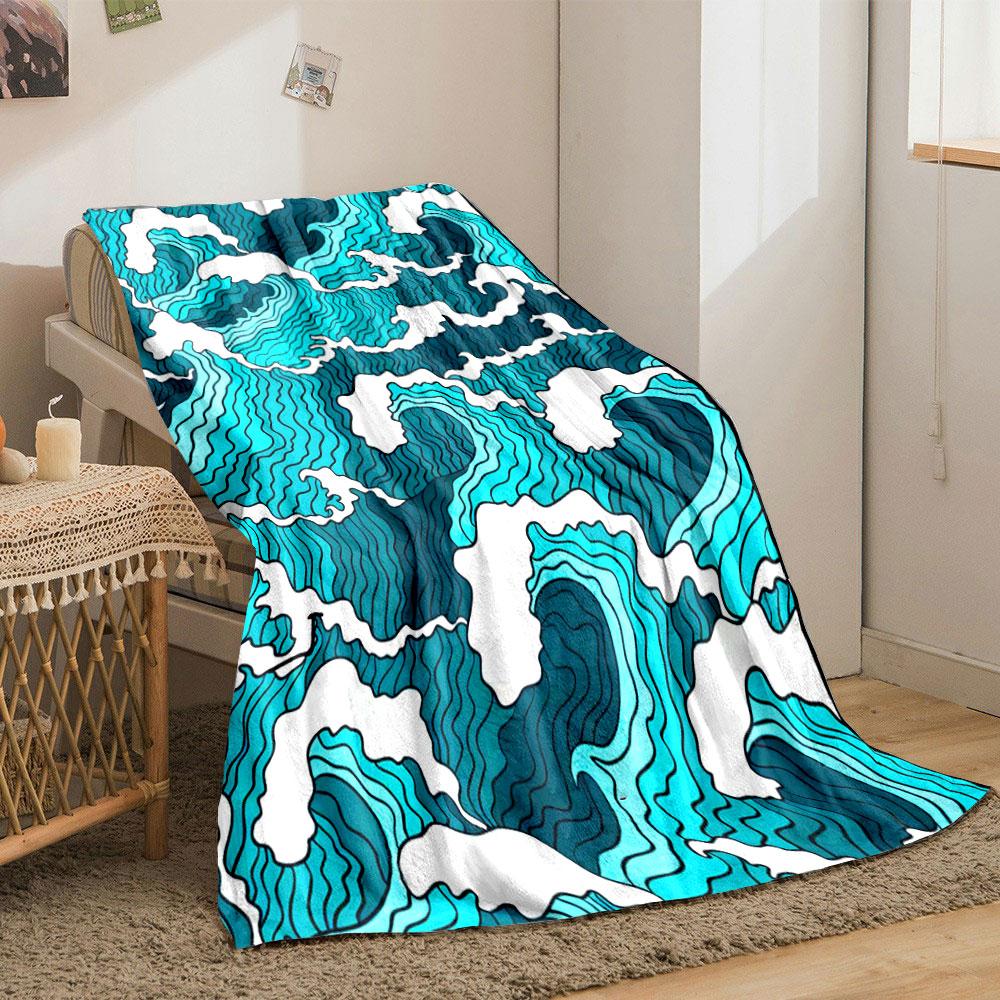 Stylized Multicolored Waves with Bold Outlines and Curved Foam Crests. for All Seasons Blanket Lunch Break Throw Gift