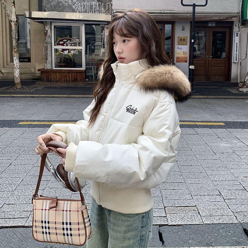 American winter short fur collar down cotton-padded clothes for women's new waist and thin high-end cotton-padded jacket