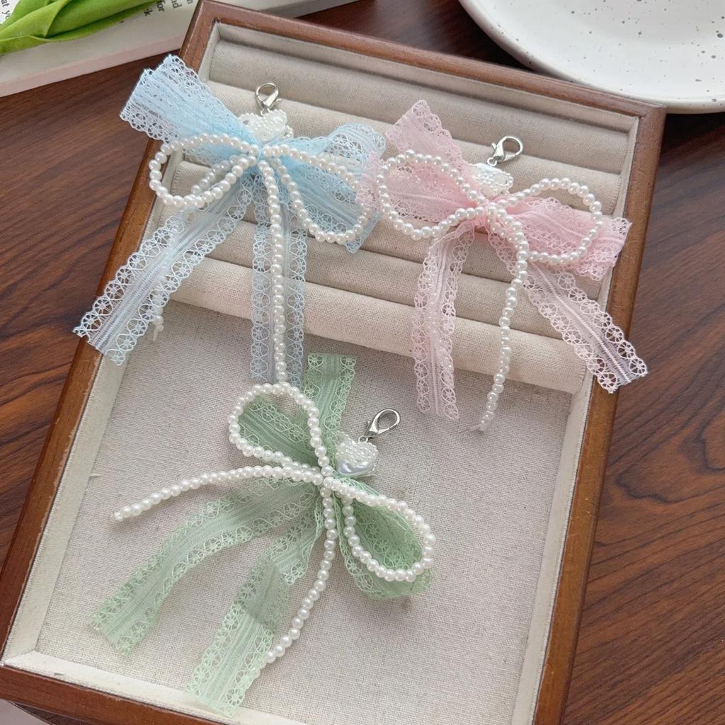 2025 New Sweet Lace Bow Beaded Bow Keychain Phone Charm Strap Pendant for Phone Accessories Bag Hanging Cord for Women Girl
