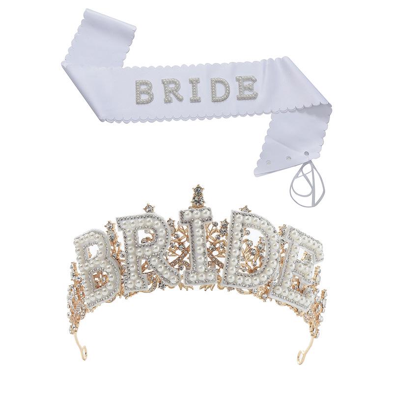 Pearl Lace Bridal Crown & Headband Set with Wavy Edge Sash and Shoulder Straps