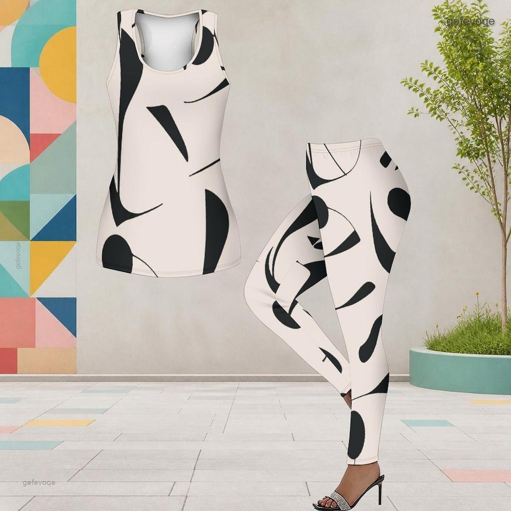 Women Plus Size Printed Two Piece Outfit Scoop Neck Sleeveless Tank Top And Fitted Pants
