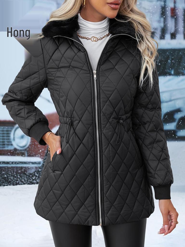 European-American Fur Collar Quilted Jacket: Slimming Mid-length Black Coat for Autumn/Winter - Warm and Windproof