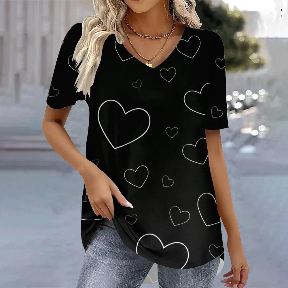 Nouveau T-shirt d'été pour femmes, décontracté, de haute qualité, 3D, à manches courtes et col en V