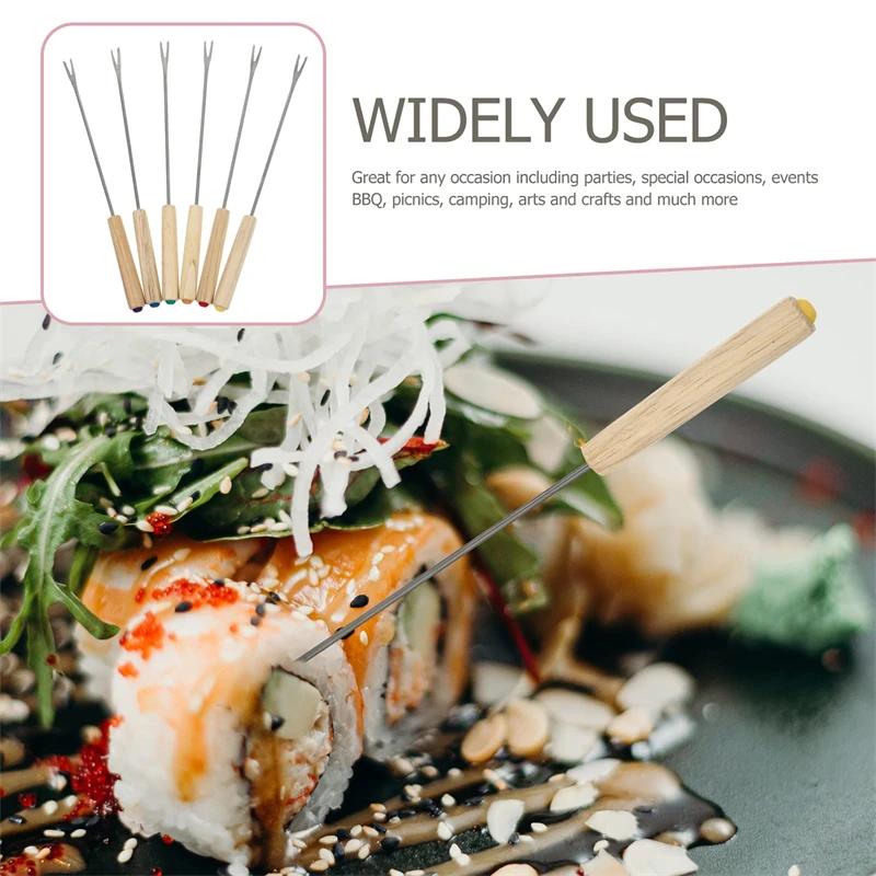 6Pcs Wood Handle Chocolate Fork Stainless Steel Cheese Fondue Forks Fork Heat Resistant Hot Pot Fruit Dessert Fork Kitchen Tools