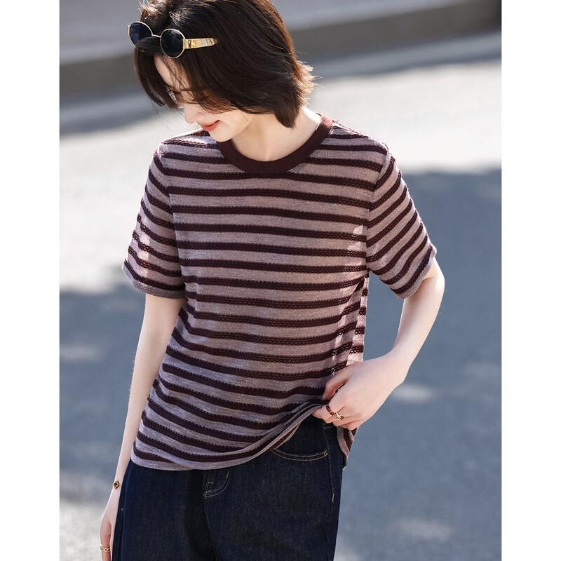 Demana Women s Retro Striped Contrast Short Sleeve T-shirt L
