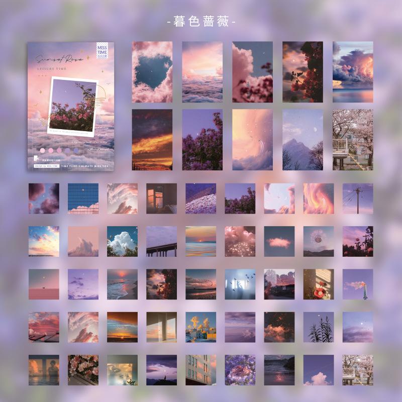 55Pcs Retro Beautiful Scenery Sticker Pack, Vintage Mountain Lake Sunset Pattern, for Journal Scrapbooking DIY Album