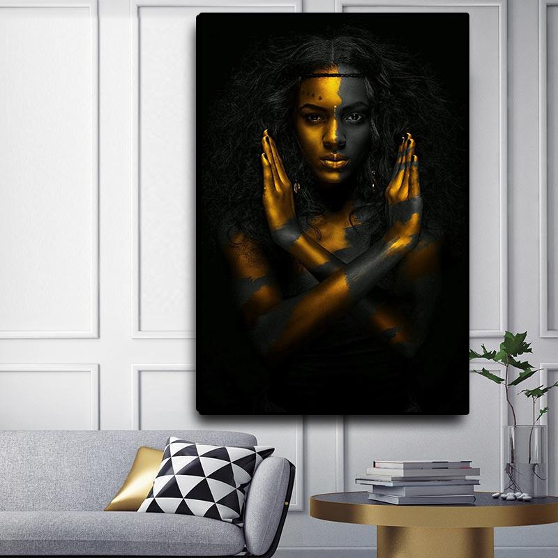 Black and Gold African Nude Woman Indian Oil Painting On Canvas Posters and Prints Scandinavian Wall Art Picture for Living Room