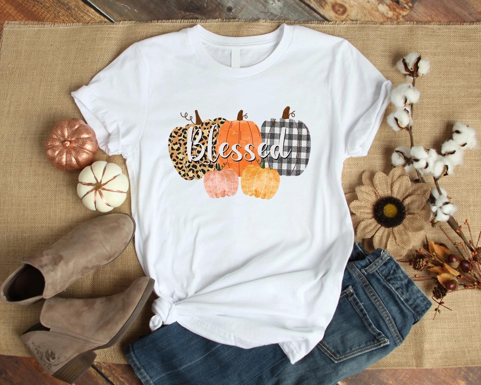Men s and Women s T-shirts Blessed Pumpkin Bufallo Plaid Leopard Print Autumn Fall Pumpkin XXXXL