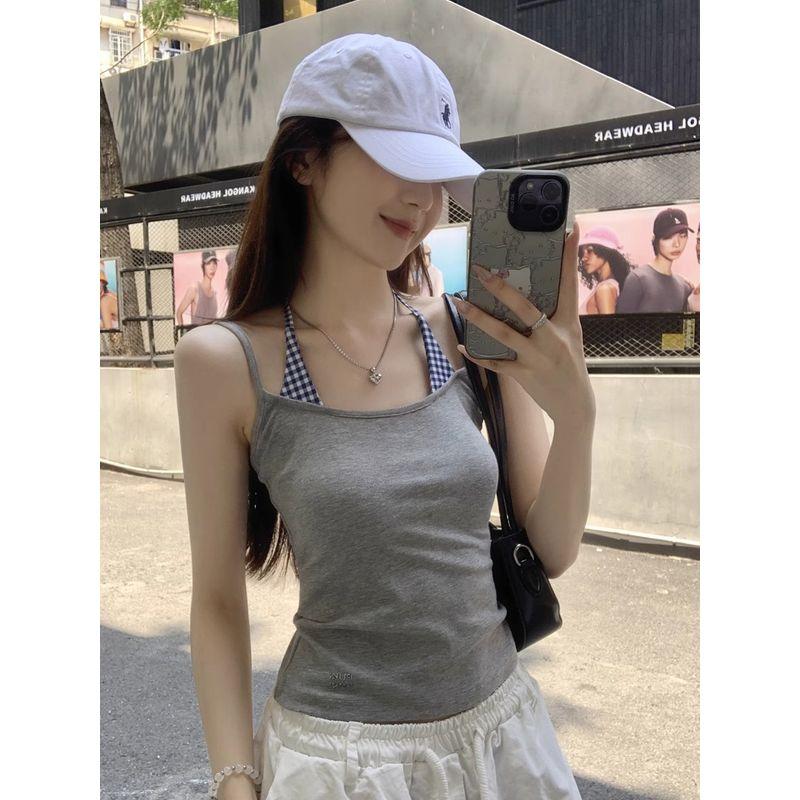 Kumikumi Design Sense Plaid Patchwork Vest Sling Women Summer Niche Temperament Chic Slimming Outer Wear Top