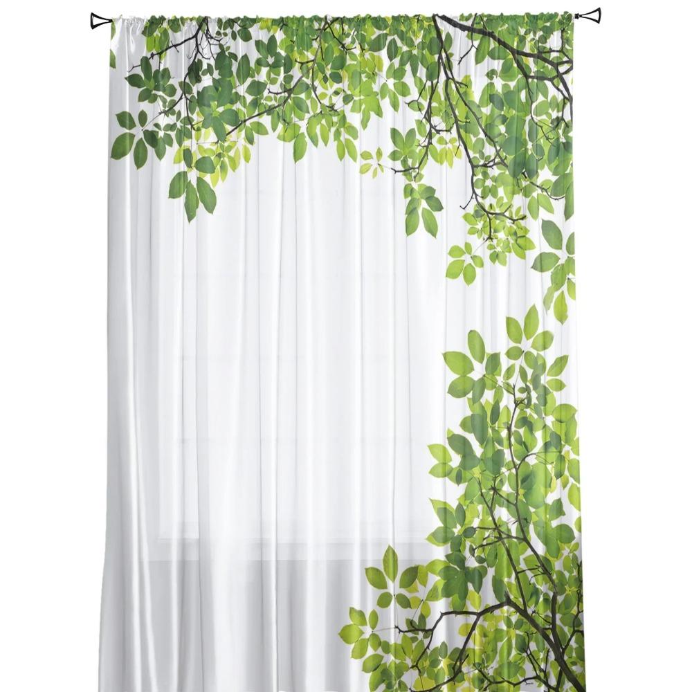 Green Branches Plant Leaves Tree Tulle Sheer Curtains for Living Room Decoration Window Curtain for Bedroom Voile Organza Drapes