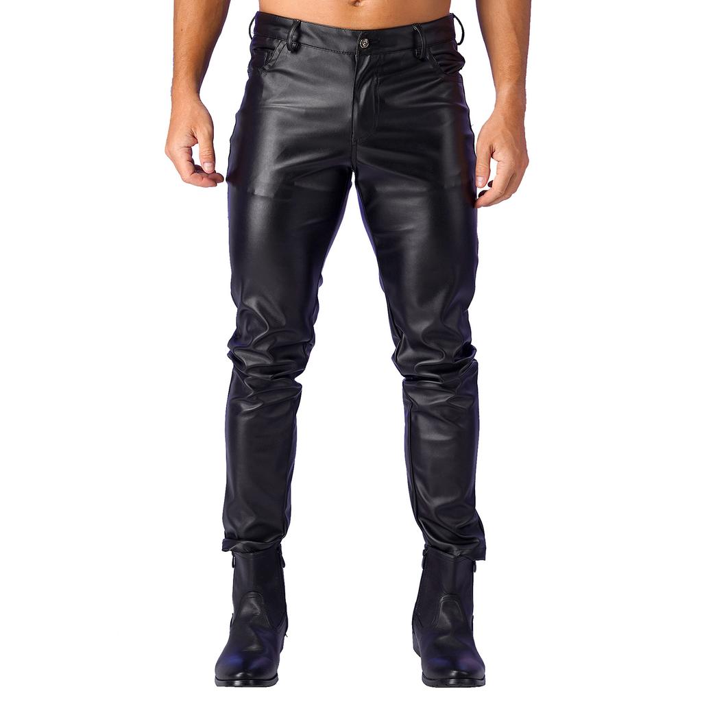 Mens PU Leather Biker Pants Gothic Stretch Fit Halloween Club Party Attire