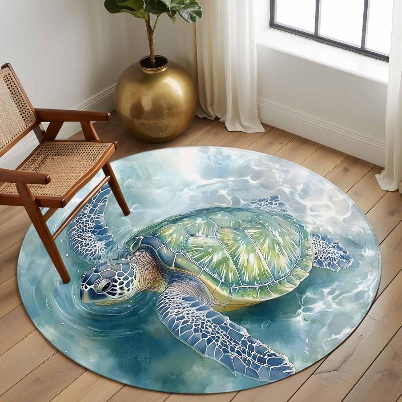 Sea Turtle Carpet Underwater World Coral Starfish Pattern Print Rug Ocean Lover Home Decor Kids Room Circle Non-Slip Floormat