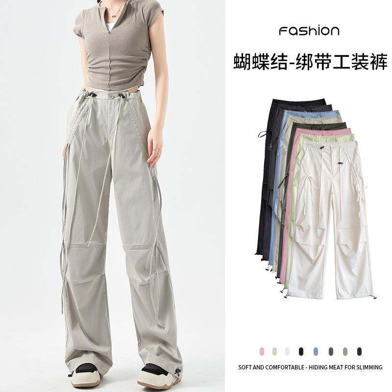 Bow overalls women's spring new paratrooper pants high waist wide legs thin lace-up casual sports pants