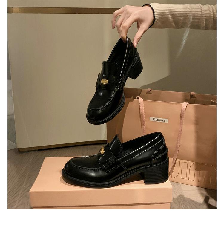 Sheepskin grape ma same British round head gold coin genuine leather thick sole one pedal thick heel loafers women's jk small leather shoes
