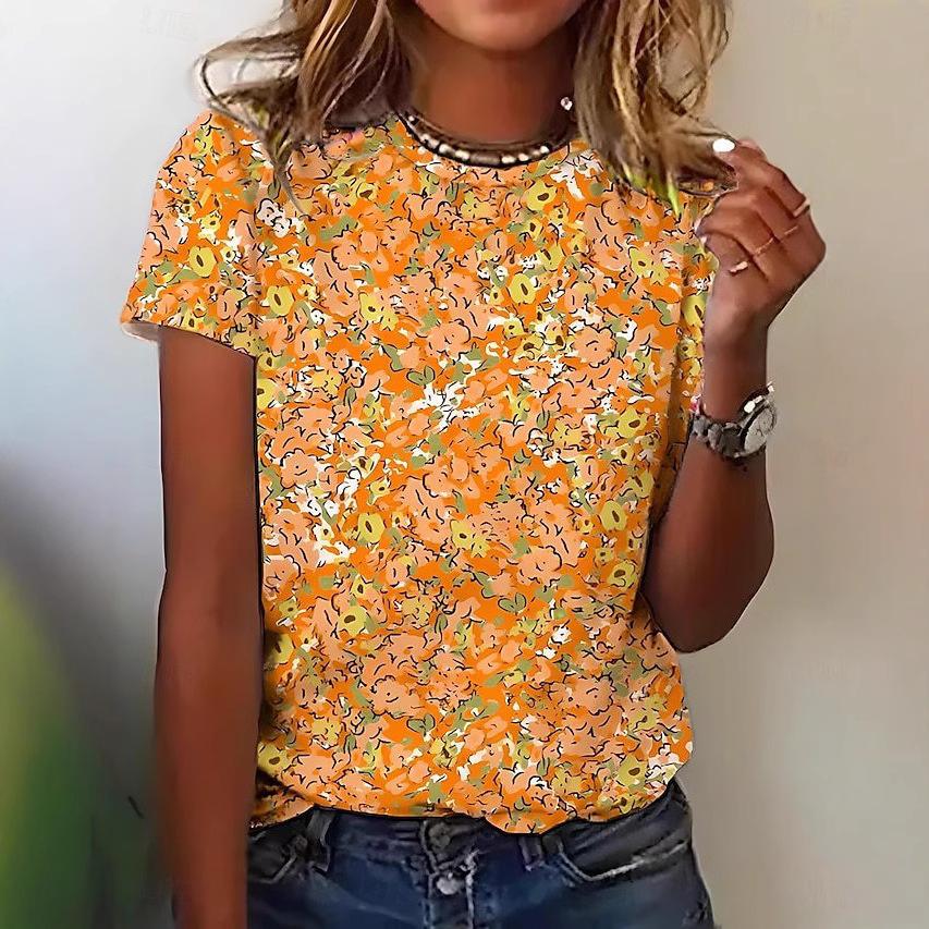 Top Estivo Girocollo con Stampa Floreale Astratta 3D T-shirt Casual alla Moda a Maniche Corte da Donna