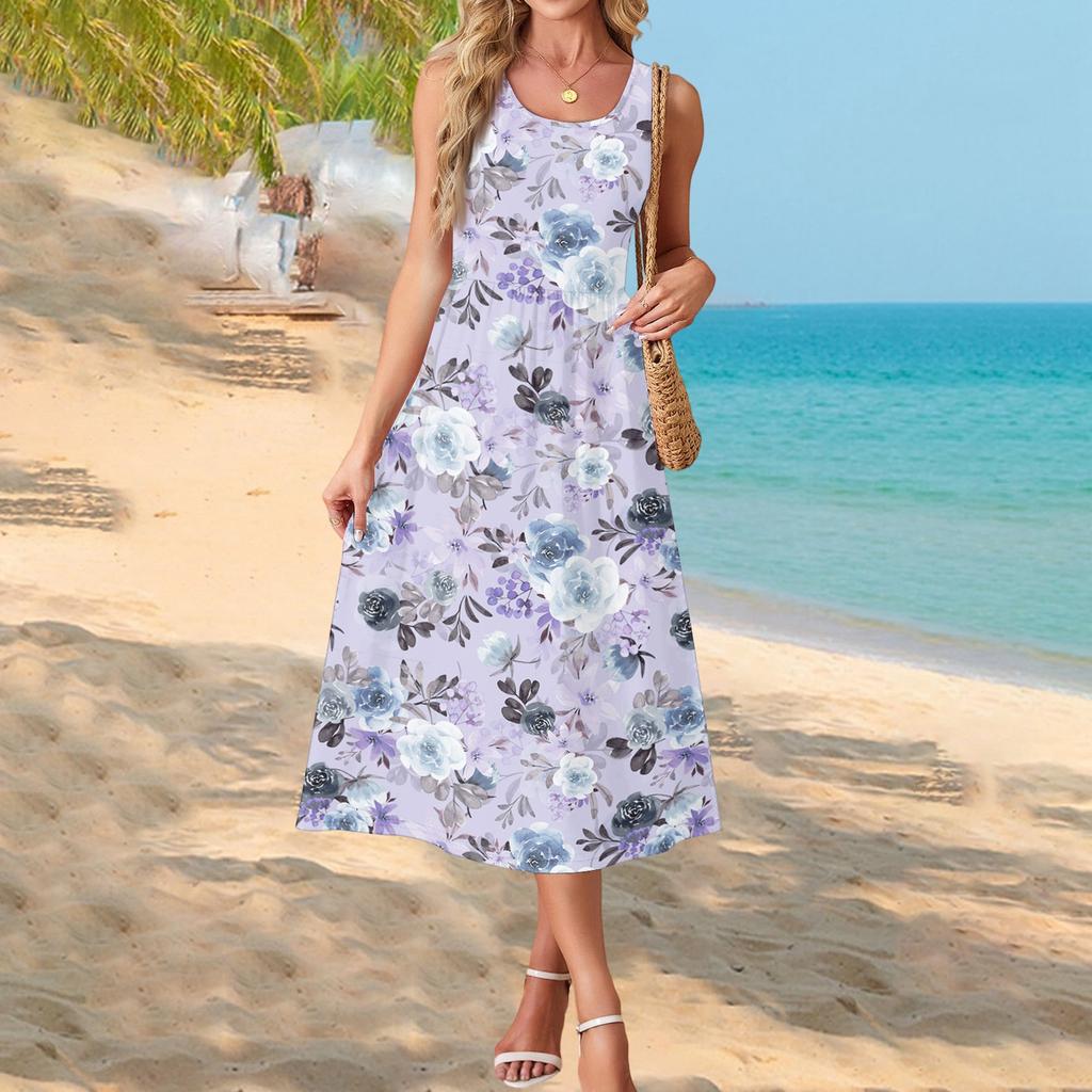 Ärmelloses Maxikleid mit Blumenprint für Damen, lässiger lockerer Schnitt, Sommer-Maxikleid mit Taschen, Rundhalsausschnitt