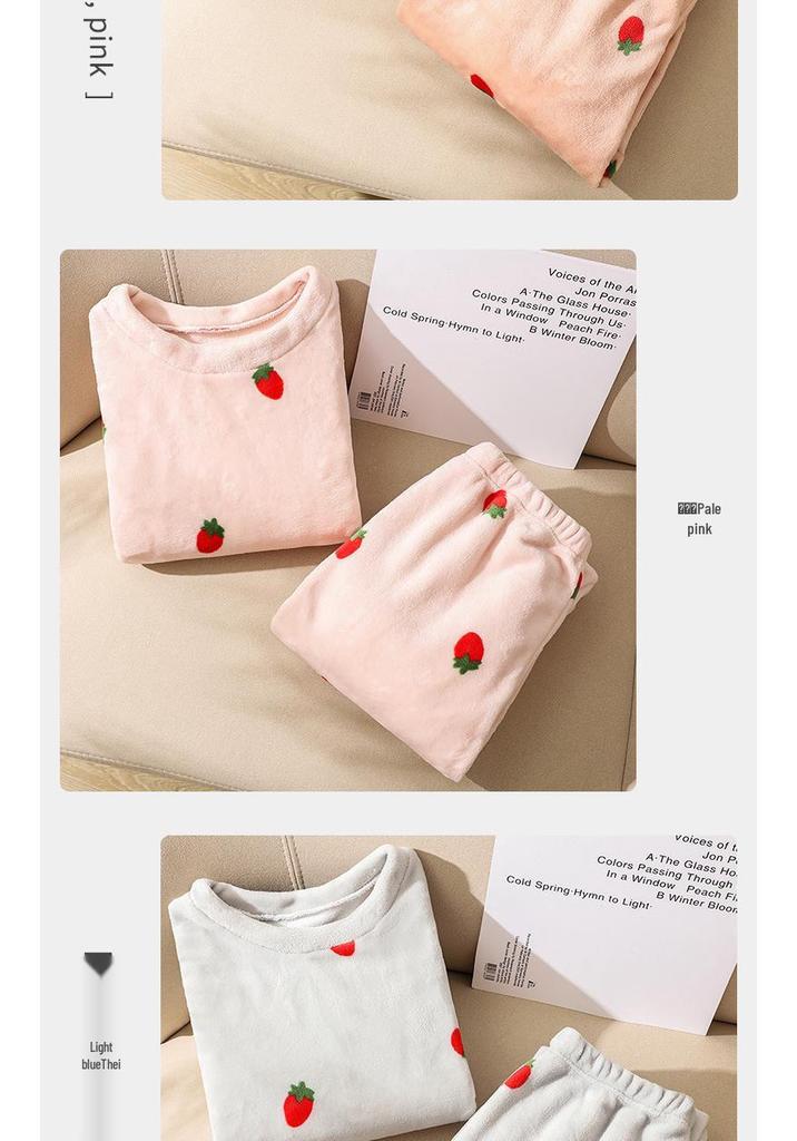 Women's Coral Fleece Strawberry Pajama Set - Cozy Warm Autumn/Winter Loungewear for Girls