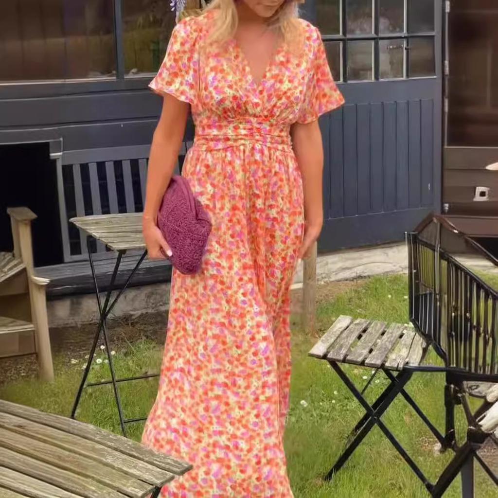 Summer Women's Floral Print Casual Long Dress V-Neck Short Sleeve Elegant Office Female Beach Party Maxi Dresses Robe