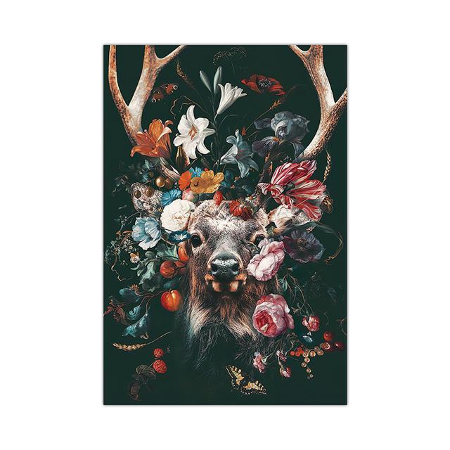 Flower with Animal Lion Tiger Deer Leopard Canvas Painting Wall Art Picture Nordic Print Poster for Living Room Home Decor No Frame