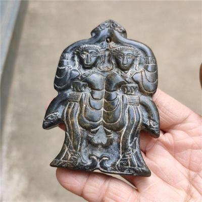 Chinese Tibet Hongshan Culture Antique Natural Meteorite Carved Double Figure Mascot Collection Jewelry Decoration Pendant Gift